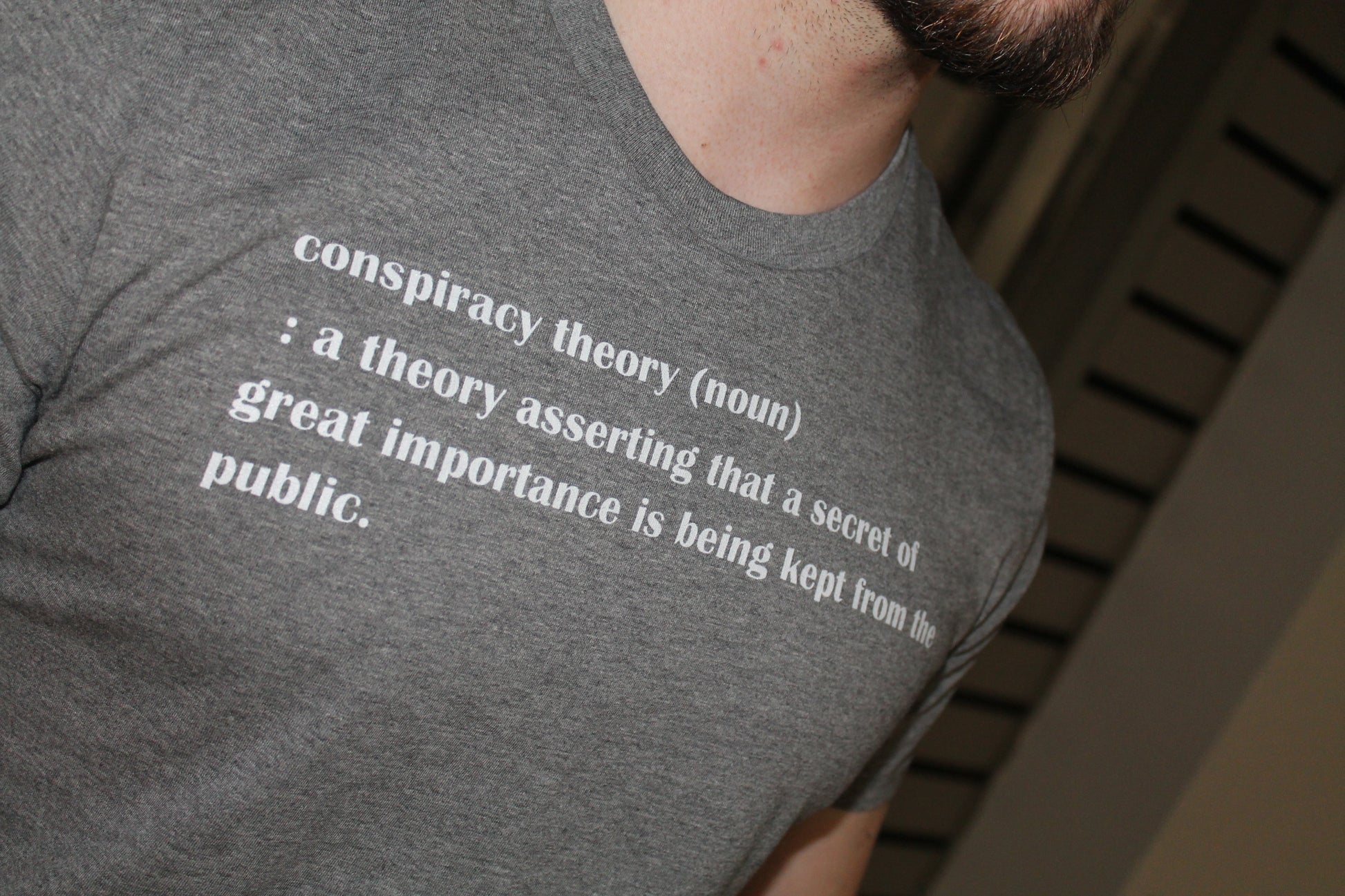 Men's Grey Conspiracy T-shirt Close Up